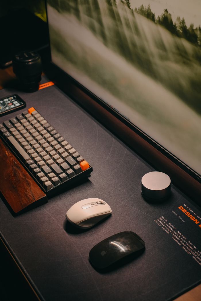 Services Stylish desktop setup featuring a mechanical keyboard, computer mouse, and widescreen monitor.